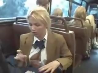 Blonde diva suck asian buddies penis on the bus